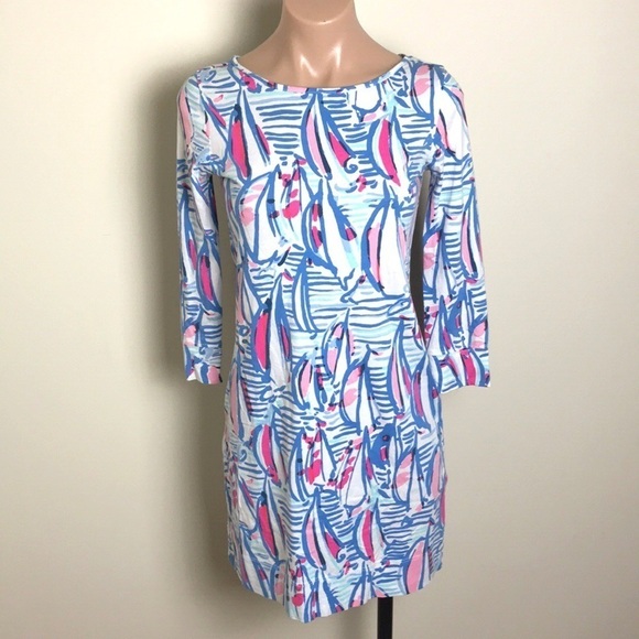 Lilly Pulitzer Marlowe Dress Sailboats Red Right Shift T-shirt XXSmall Nautical - Picture 2 of 8